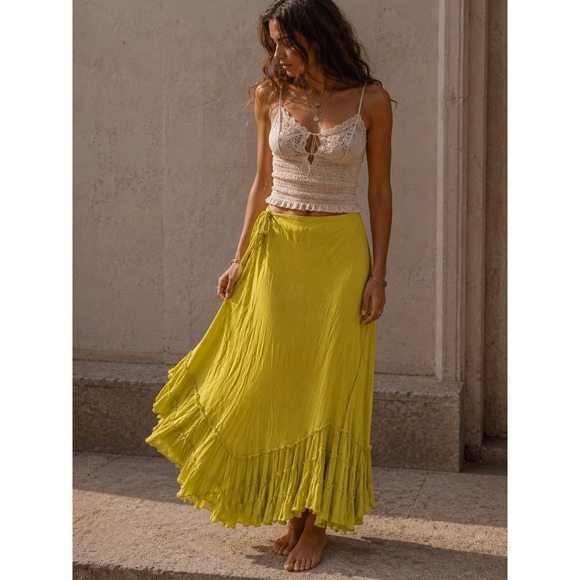 Free People Dresses & Skirts - Free People Chartreuse Yellow Ruffle Wrap Maxi Skirt Boho Gauze XS